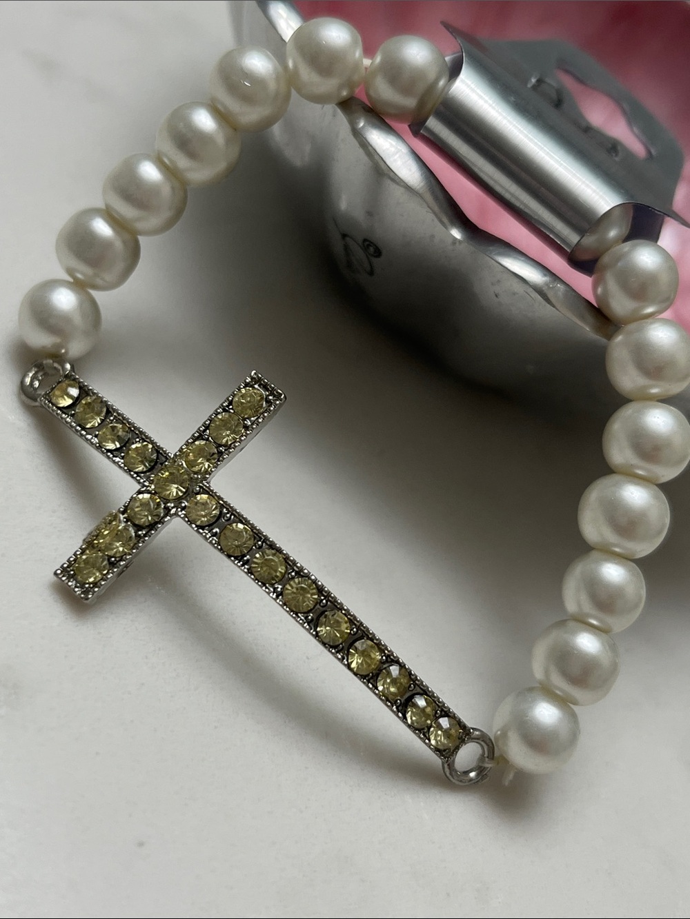 Pearl Crystal Cross Bracelet